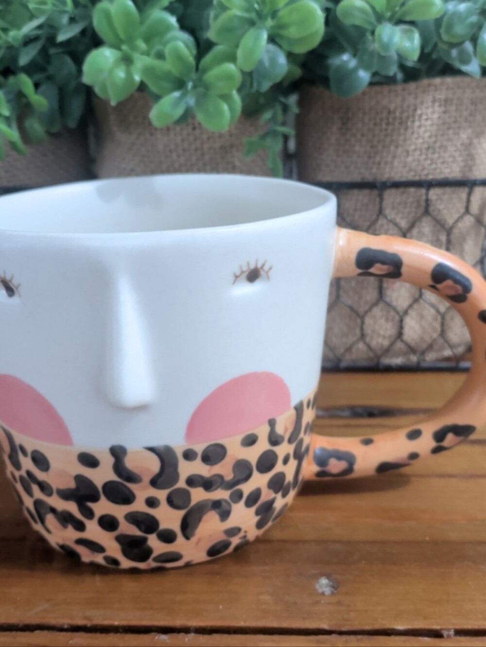 Anthropologie Peach Leopard Face Ceramic Mug with Pink Cheeks Fotini Tikkou